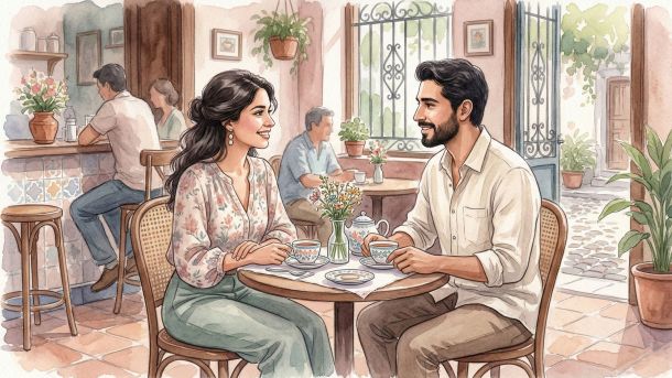 Un hombre y una mujer en una primera reunión respetuosa mostrando señales no verbales positivas.