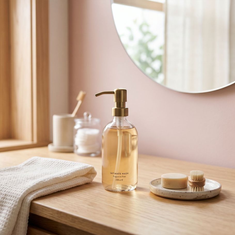 Minimalist personal care products and a soft cotton towel on a bright, clean bathroom counter.
