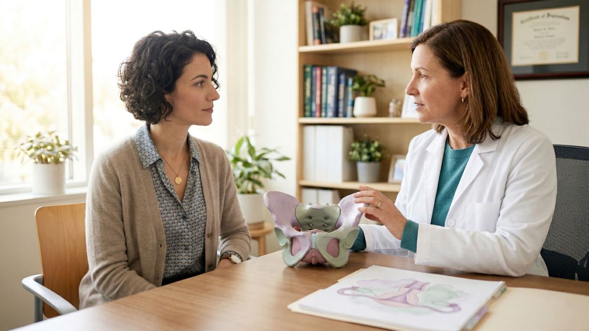 Diagramme anatomique illustré du clitoris avec étiquettes de mesure cliniques, rendu en tons pastel doux pour un article sur la santé des femmes et la clitoromégalie