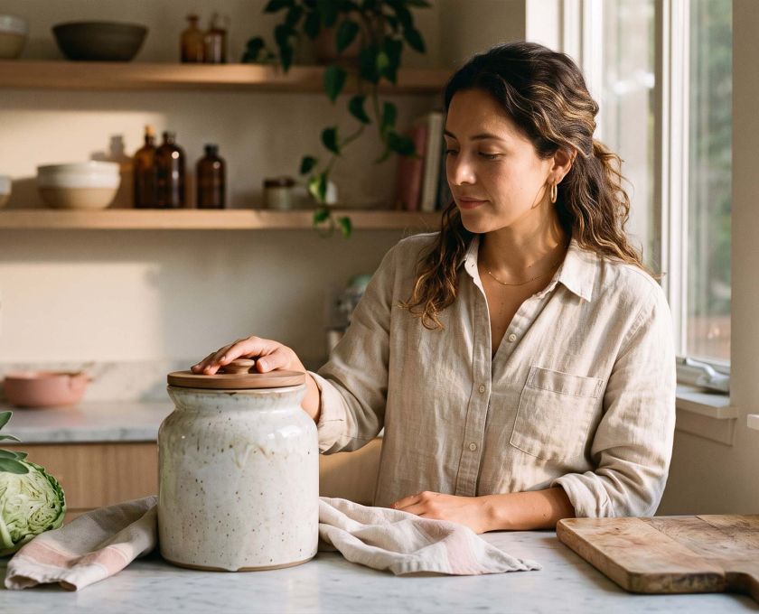 Mujer vestida de lino en una encimera de cocina iluminada por el sol con una vasija de fermentación, ilustrando las bacterias del ácido láctico detrás del microbioma vaginal