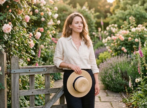 Serene woman in linen at a rose-covered garden gate in golden light during a screen-free weekend reset for a positive mindset