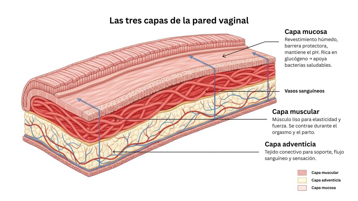 Sección transversal etiquetada de la pared vaginal: mucosa, muscular y adventicia