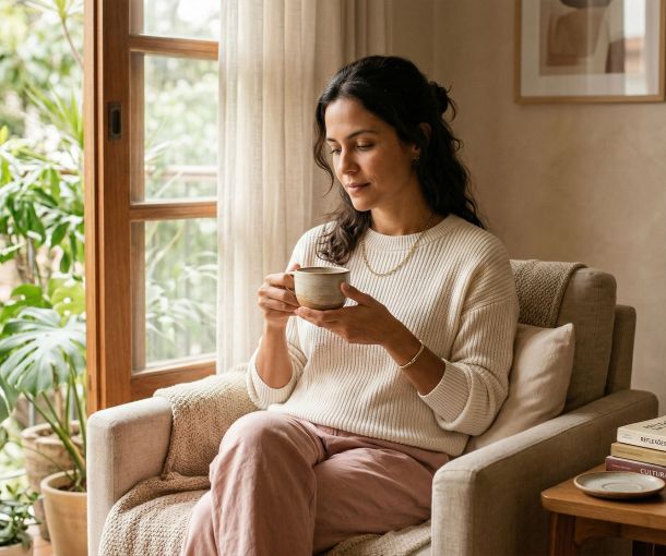Uma mulher calma e confiante em luz natural suave, representando consciência corporal e autoconhecimento