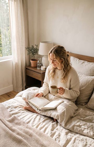 A cozy editorial scene of a woman reflecting and writing in a journal in bed, symbolizing personal reflection and intimate secret habits.