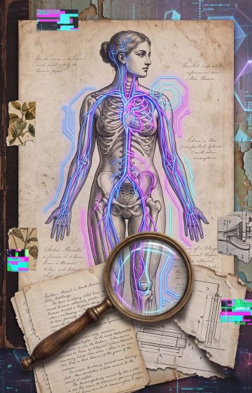 A modern digital collage blending vintage anatomical sketches with bright neon linework, representing historical research.
