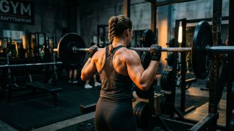 Starke weibliche Athletin beim Training im Fitnessstudio, Rückansicht mit definiertem Rücken- und Armmuskeln bei dramatischem Seitenlicht