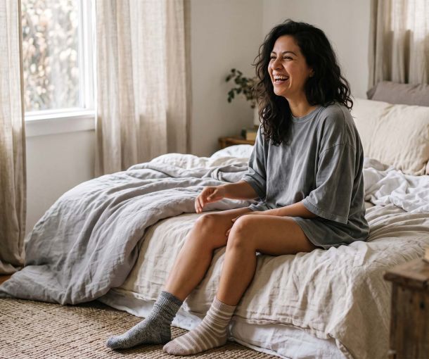 Mujer sentada en el borde de una cama sin hacer, con una camiseta de algodón extragrande y calcetines desparejados bajo una suave luz matutina, ilustrando lo que realmente usan las mujeres para dormir.