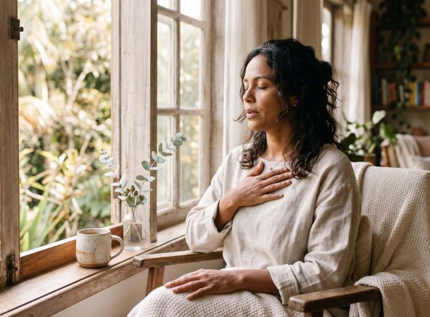 Mulher perto de uma janela respirando lentamente para acalmar um sistema nervoso hiperativo