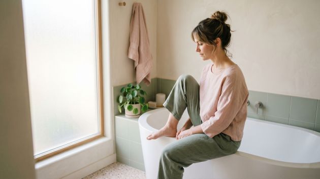 Woman sitting in a sunlit bathroom, reflecting quietly — normalizing body awareness and daily hygiene routines