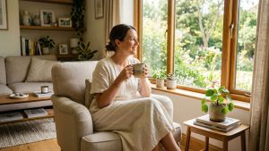 A peaceful woman enjoying a quiet moment in a bright, clean home.