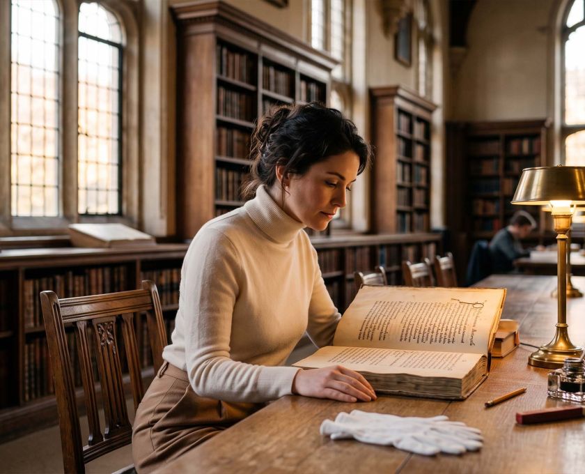 Woman in cream cashmere studying an antique anatomical folio in a sunlit rare-books library while researching the history of female anatomy