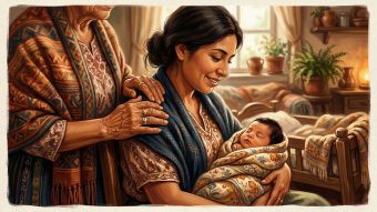 Una abuela apoyando a una madre reciente y a su bebé en un ambiente hogareño cálido.