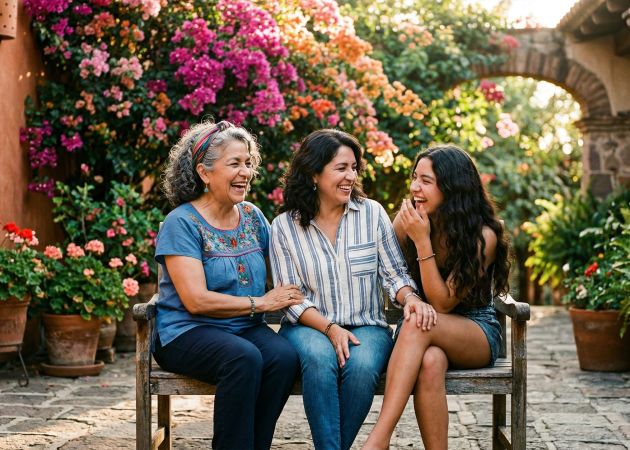 Une grand-mère, une mère et une fille partageant un moment de connexion dans une cour traditionnelle.