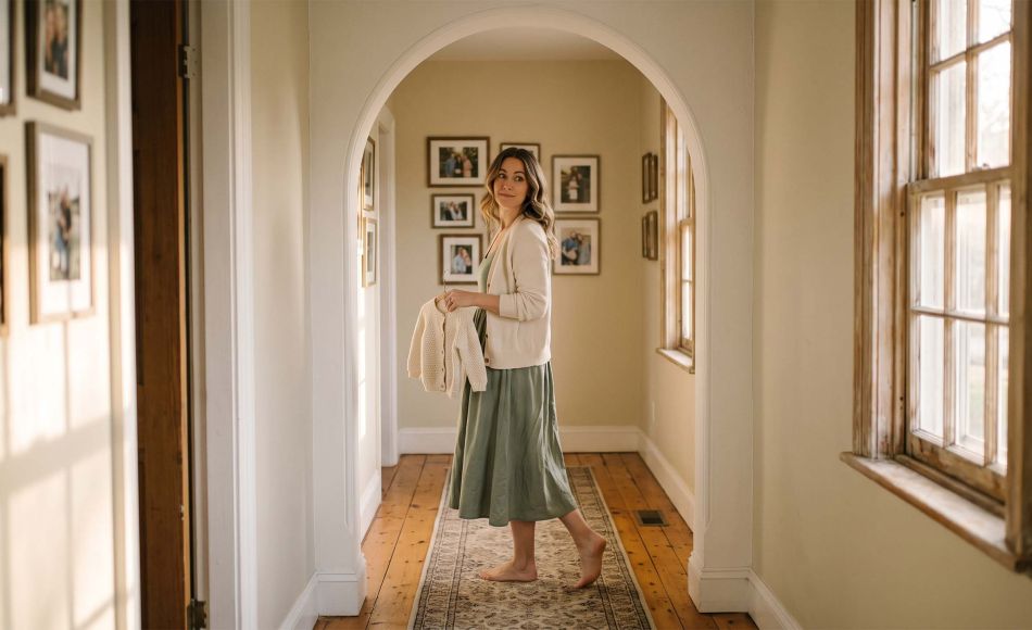 Woman pausing mid-step in a sunlit hallway archway, holding a child's sweater and glancing back, illustrating why we forget what we came for