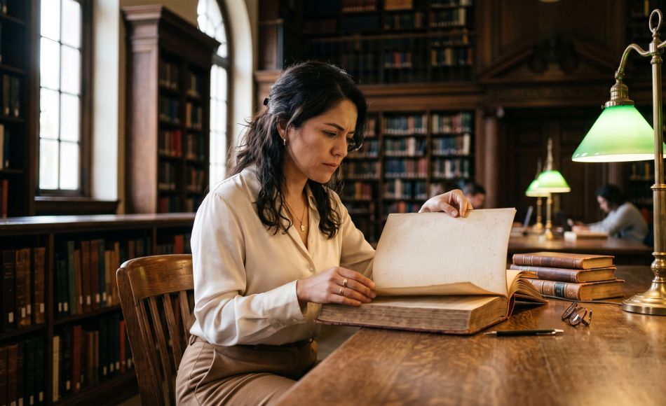 Mujer investigando la historia de la anatomía femenina en antiguos libros médicos en una mesa iluminada de una biblioteca de archivo