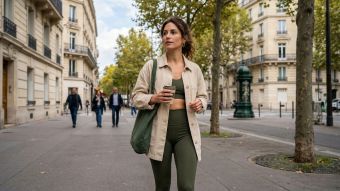 Une femme élégante marche sur un trottoir urbain portant une tenue activewear vert olive et une veste beige.