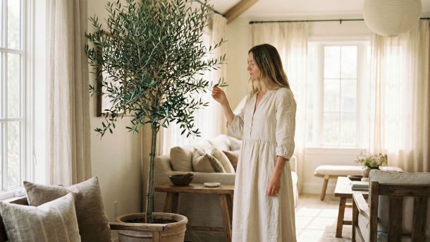 A woman reflecting in a serene, sunlit room, representing emotional peace and feminine grace.