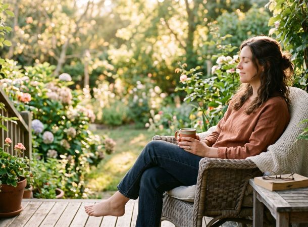 Woman sitting peacefully outdoors in soft morning light with eyes closed, representing emotional balance and calm