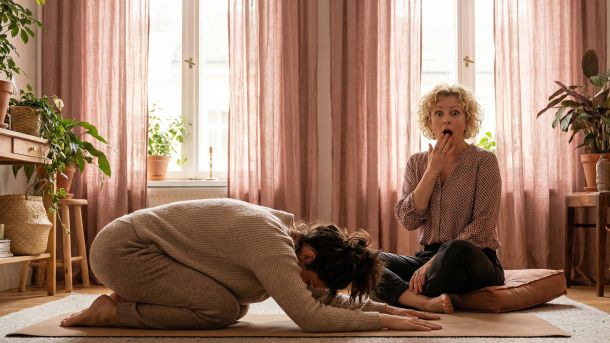 Une femme dans un cadre paisible de yoga, pratiquant mais embarrassée par un pet vaginal.