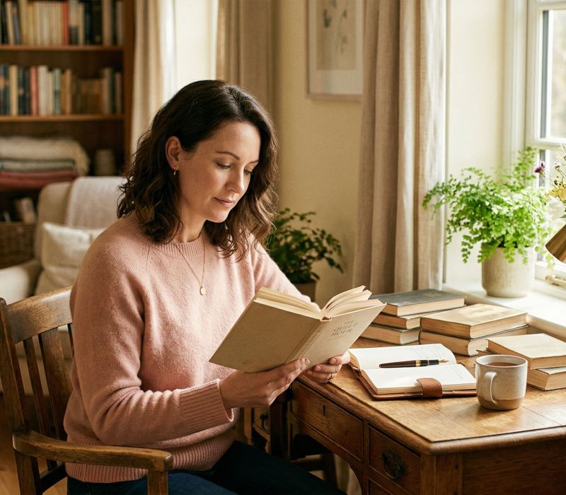 A woman seated at a sunlit desk reading and reflecting in soft warm light