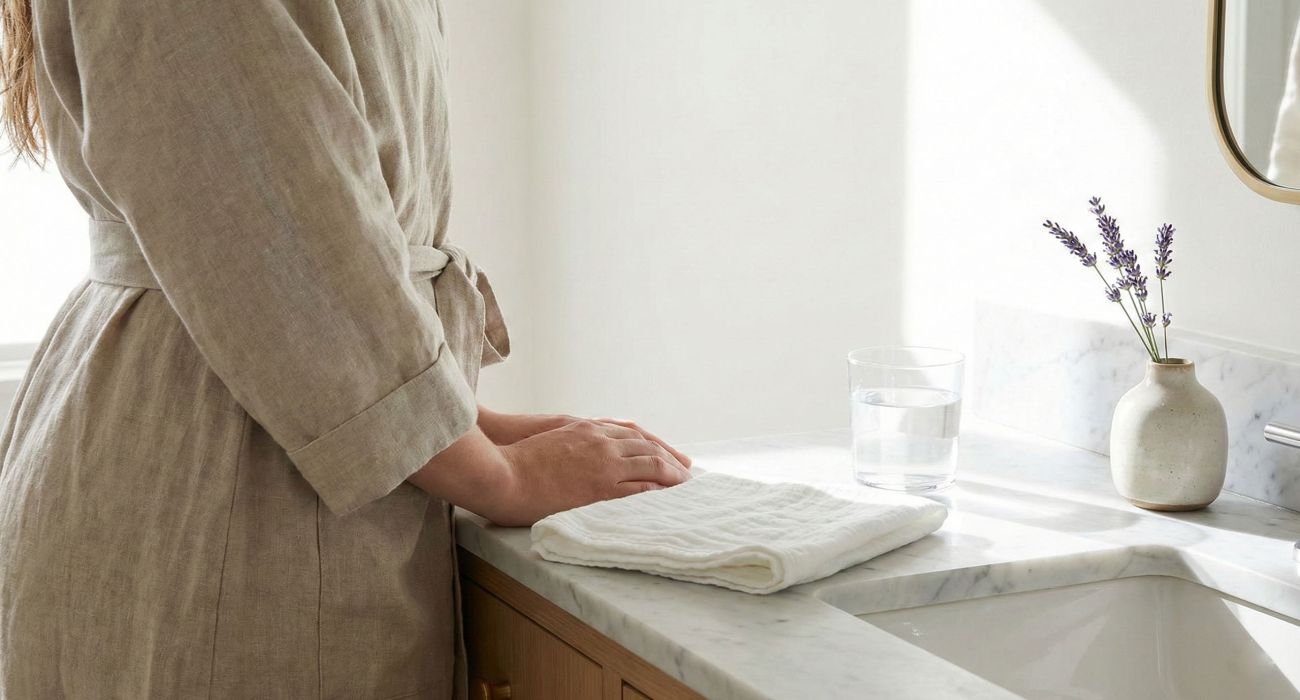 Penteadeira de banheiro em mármore elegante representando rituais de higiene feminina naturais e limpos.