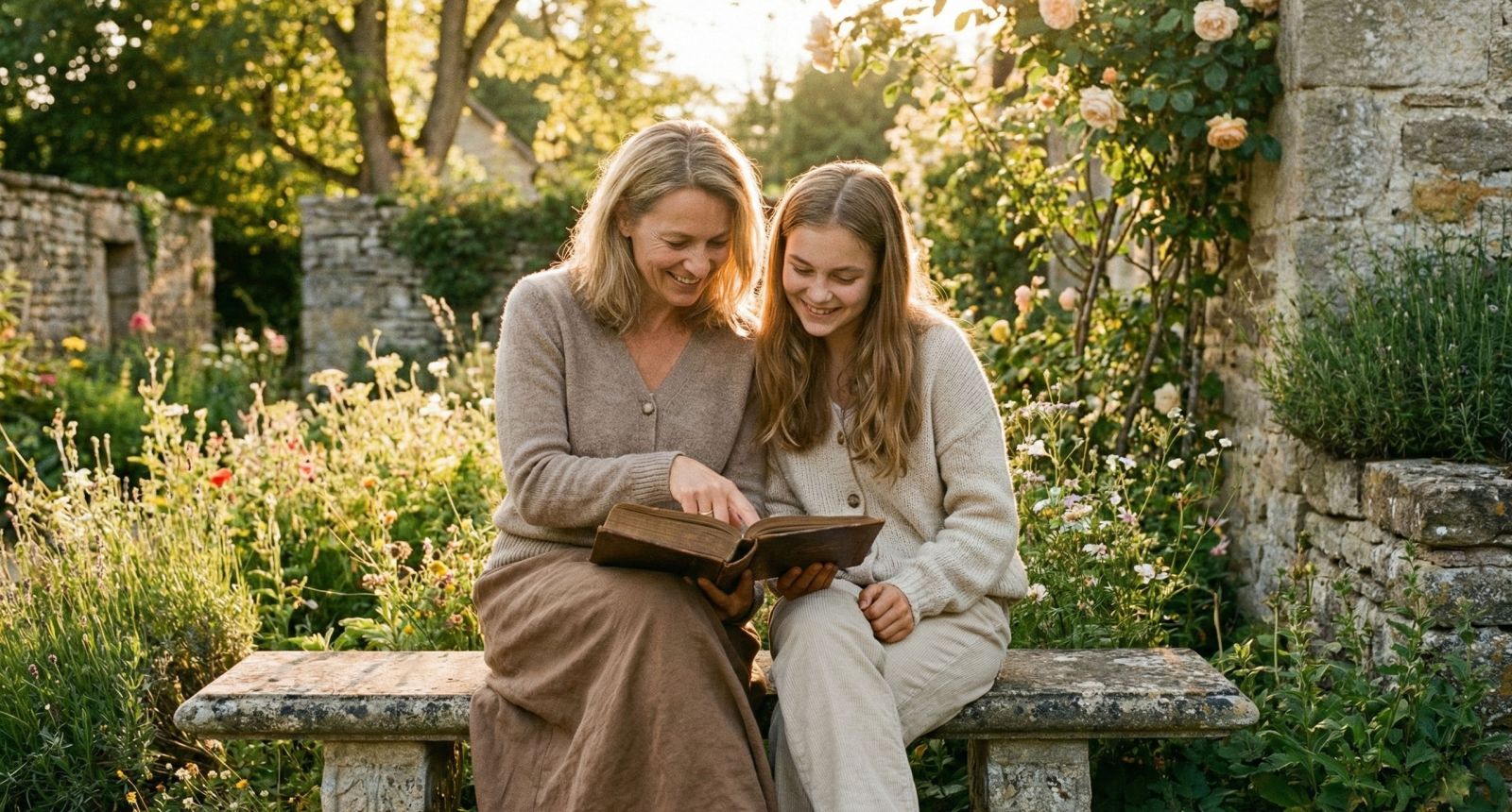 Eine Mutter, die ihrer Tochter in ruhiger Umgebung traditionelle Werte vermittelt.