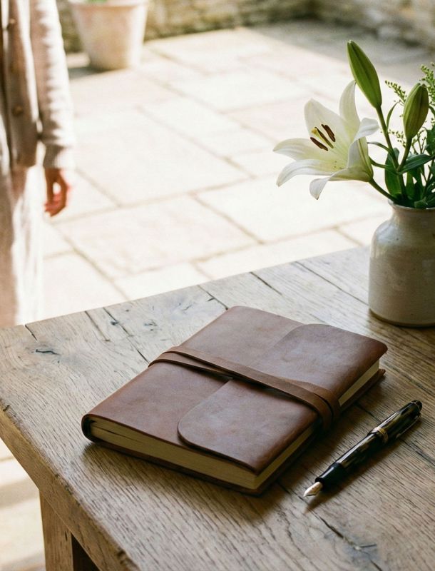 Un journal élégant et un stylo sur une table en bois symbolisant la réflexion féminine et la croissance personnelle.