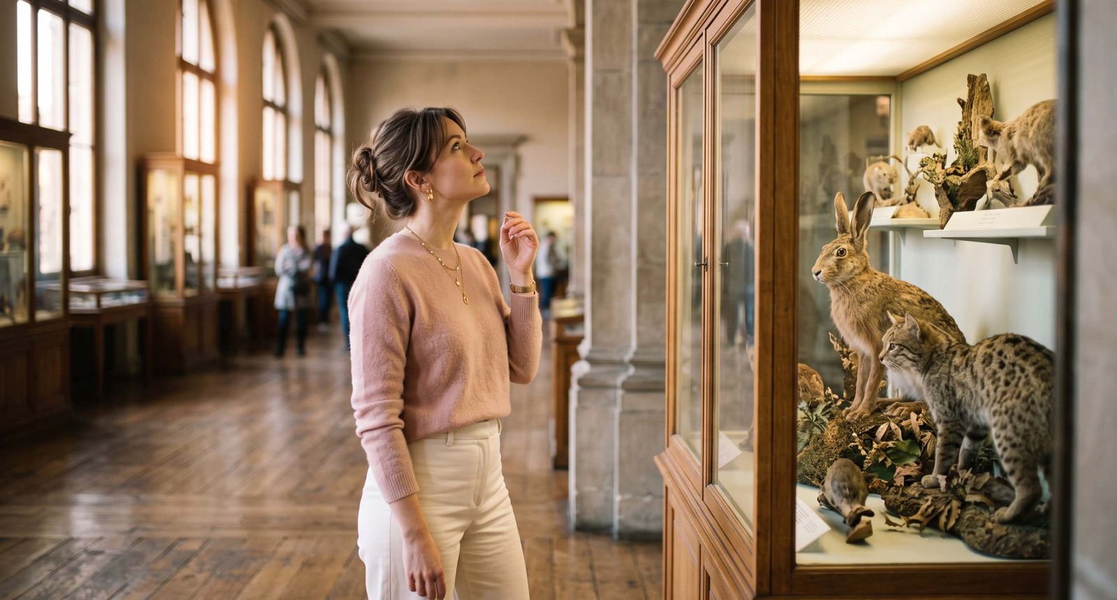Woman in a natural history museum studying mammal specimens, illustrating how evolution shaped female anatomy across species