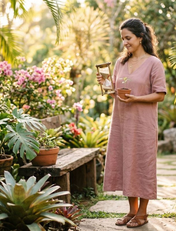Uma mulher moderna refletindo sobre as estações naturais da vida e da fertilidade.