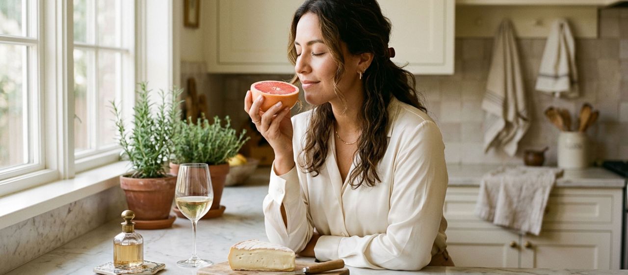 Mujer que inhala el aroma de un pomelo junto a una encimera de cocina iluminada por el sol, con vino y queso al lado, en una escena que ilustra la química del olor humano.