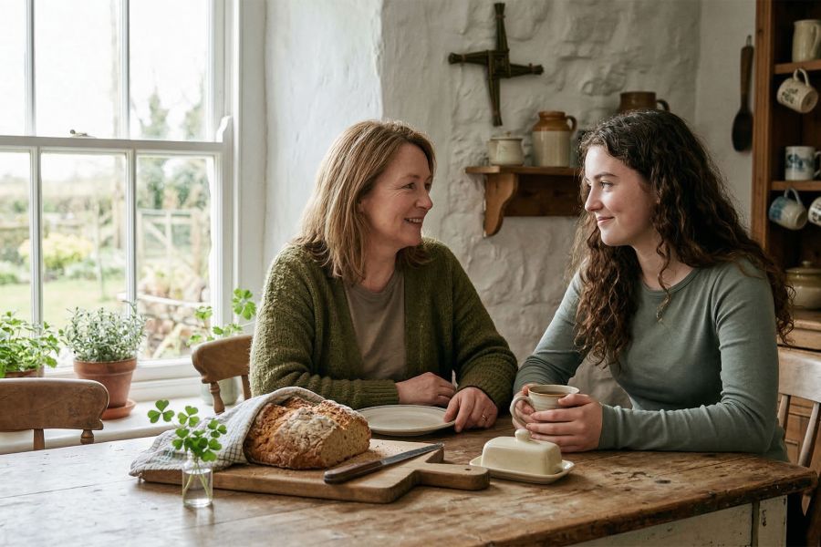 Mãe e filha celebrando o Dia de São Patrício com pão irlandês e trevo