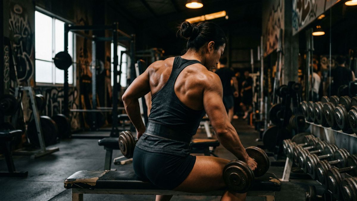 ジムでトレーニングする強い女性アスリート、後ろ姿で劇的なサイドライトの下に定義された背中と腕の筋肉を示す