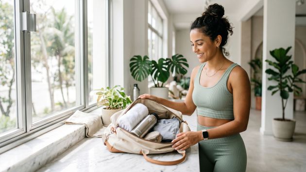 Mulher com roupa esportiva clara colocando uma bolsa de academia após o treino, luz natural