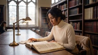 Mujer con cachemira color crema estudiando un antiguo folio anatómico en una biblioteca de libros raros iluminada por el sol mientras investiga la historia de la anatomía femenina