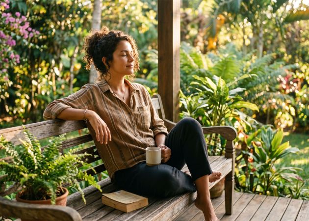 Mulher sentada tranquilamente ao ar livre sob luz suave da manhã, com os olhos fechados, representando equilíbrio emocional e calma