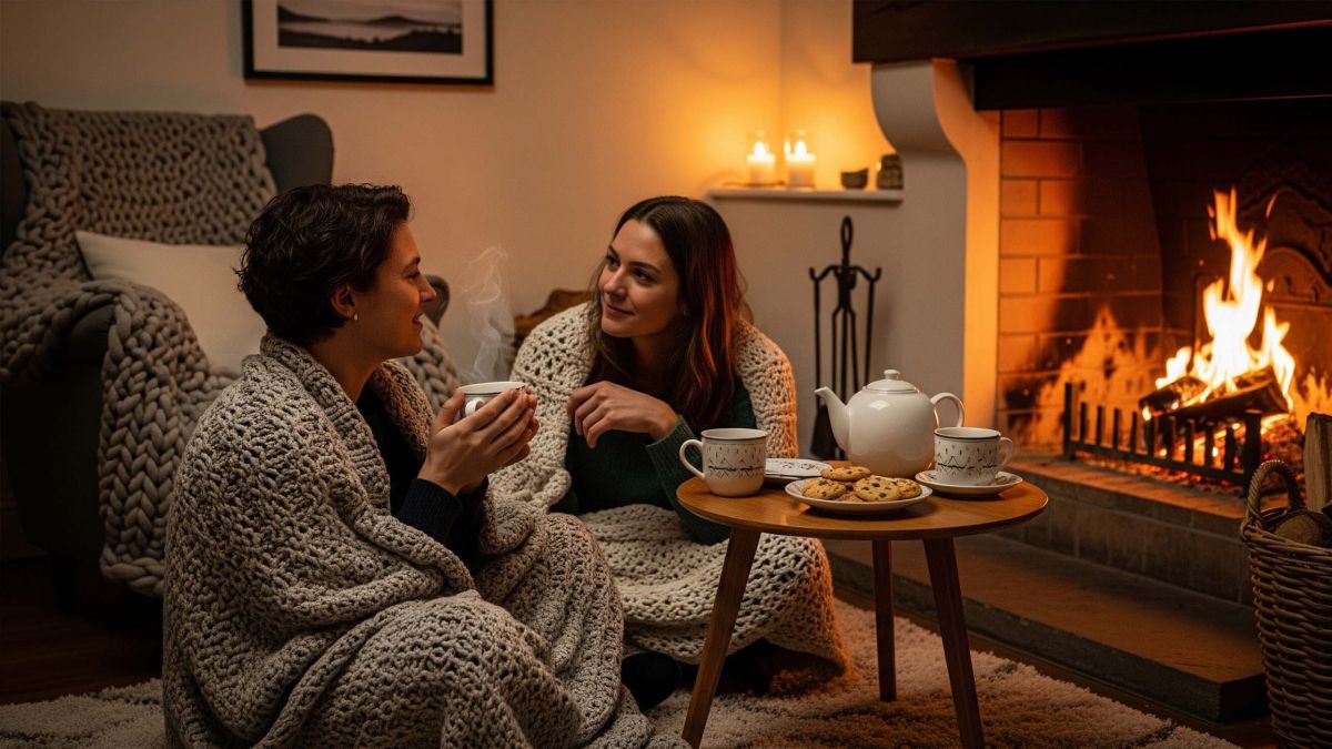 Un couple est assis ensemble dans un salon confortable avec des couvertures et des bougies, illustrant un sentiment d'intimité et de confort.