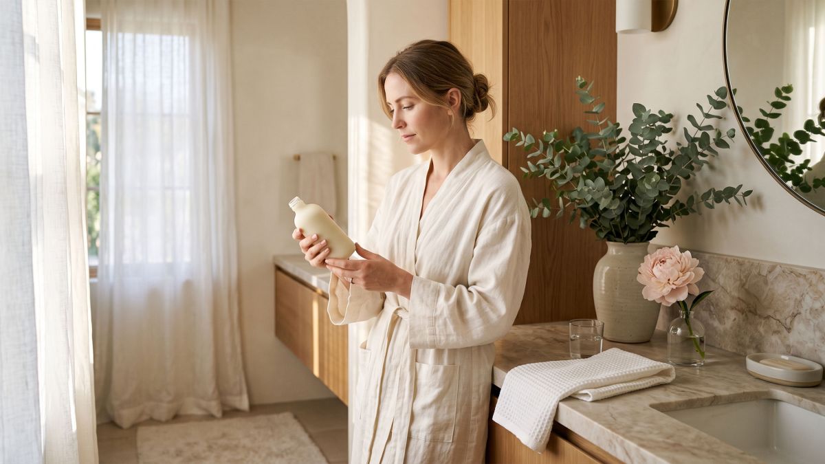 Woman in ivory robe thoughtfully reading a fragrance-free intimate care product label in a sunlit bathroom