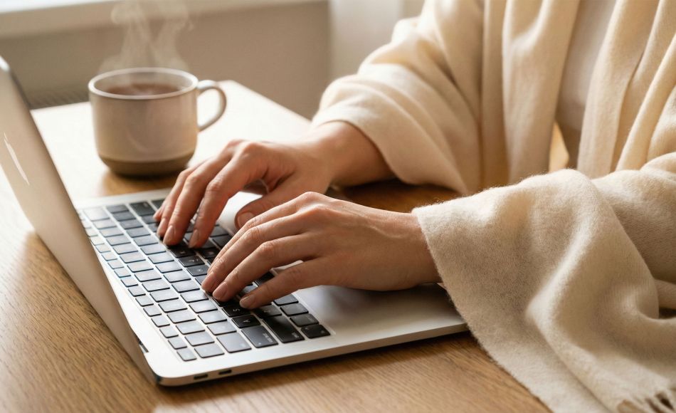 Ein ruhiger und organisierter Home-Office-Schreibtisch für eine berufstätige Frau.