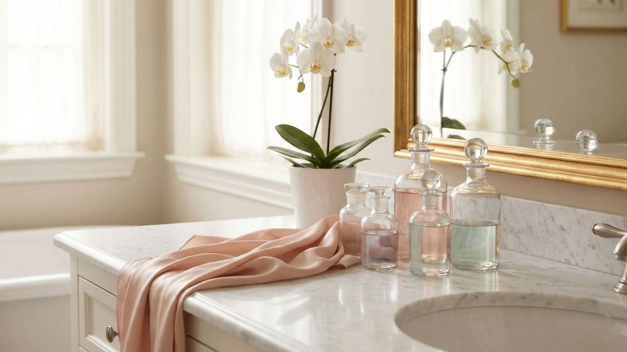 Tocador elegante con frascos de cuidado de lujo y orquídeas representando la belleza femenina global.