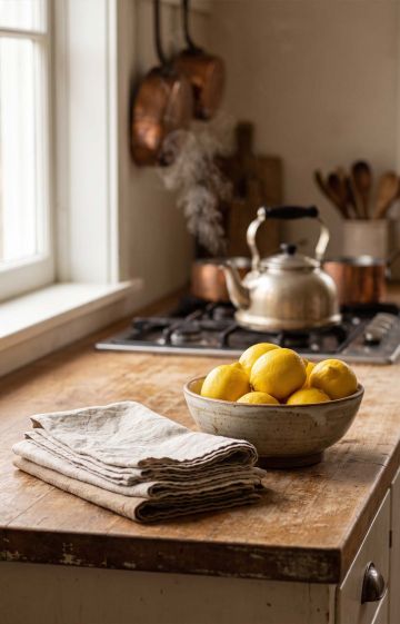 Folded linen napkins and lemons on a wooden kitchen counter in morning light