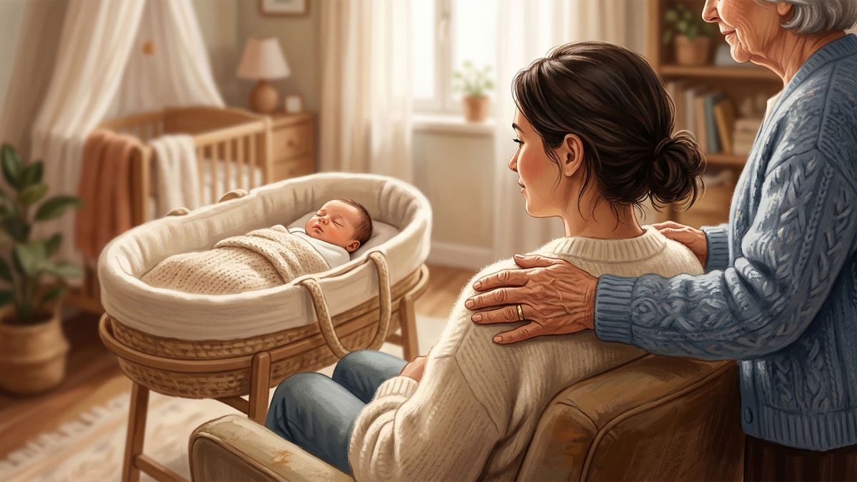 Une grand-mère soutenant une nouvelle mère et son nourrisson dans un cadre familial chaleureux.