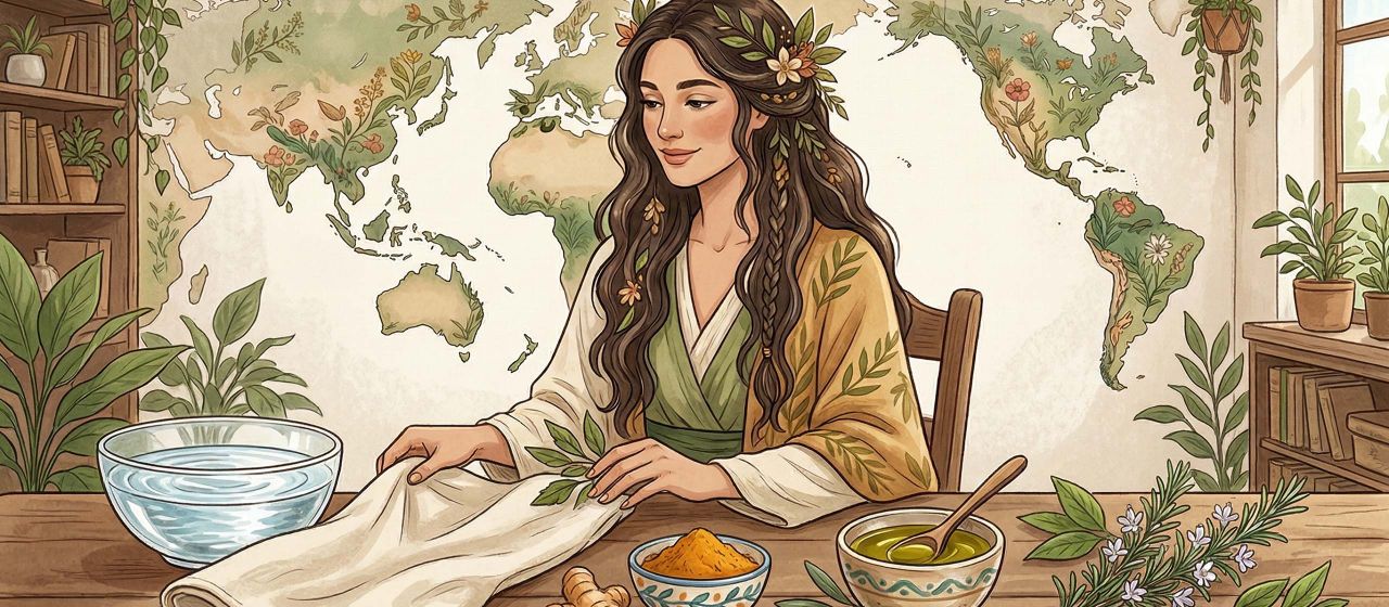 Flat lay minimalista con elementos de bienestar global: cúrcuma, aceite de oliva, hierbas y agua clara que representan tradiciones de higiene íntima.