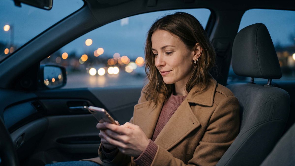 Woman in a camel coat sitting in her parked car at dusk checking her phone before a second date