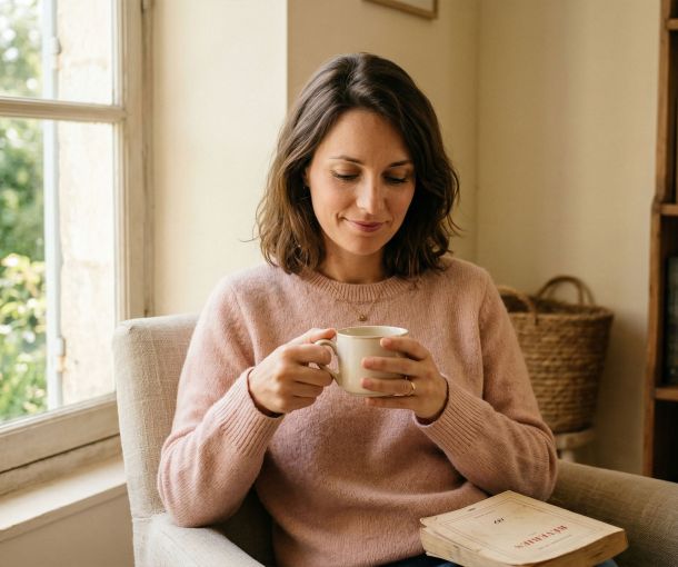 Une femme calme et confiante dans une lumière naturelle douce, représentant la conscience de son corps et la connaissance de soi