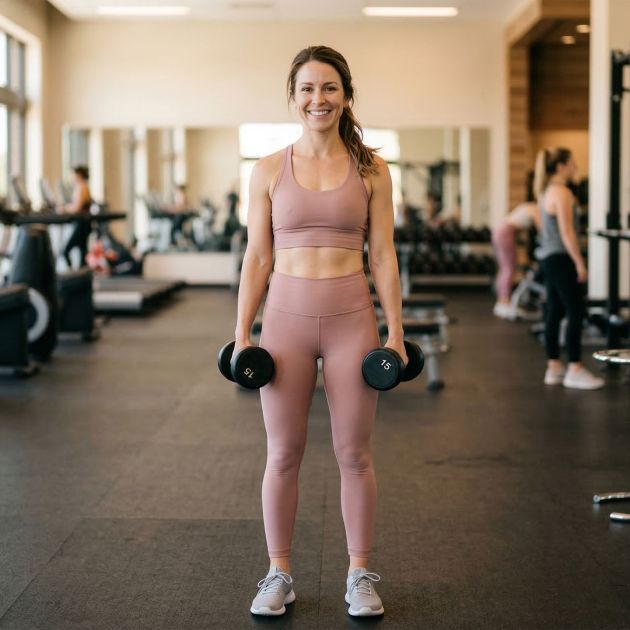 Woman holding dumbbells in gym — beginner strength training guide for women