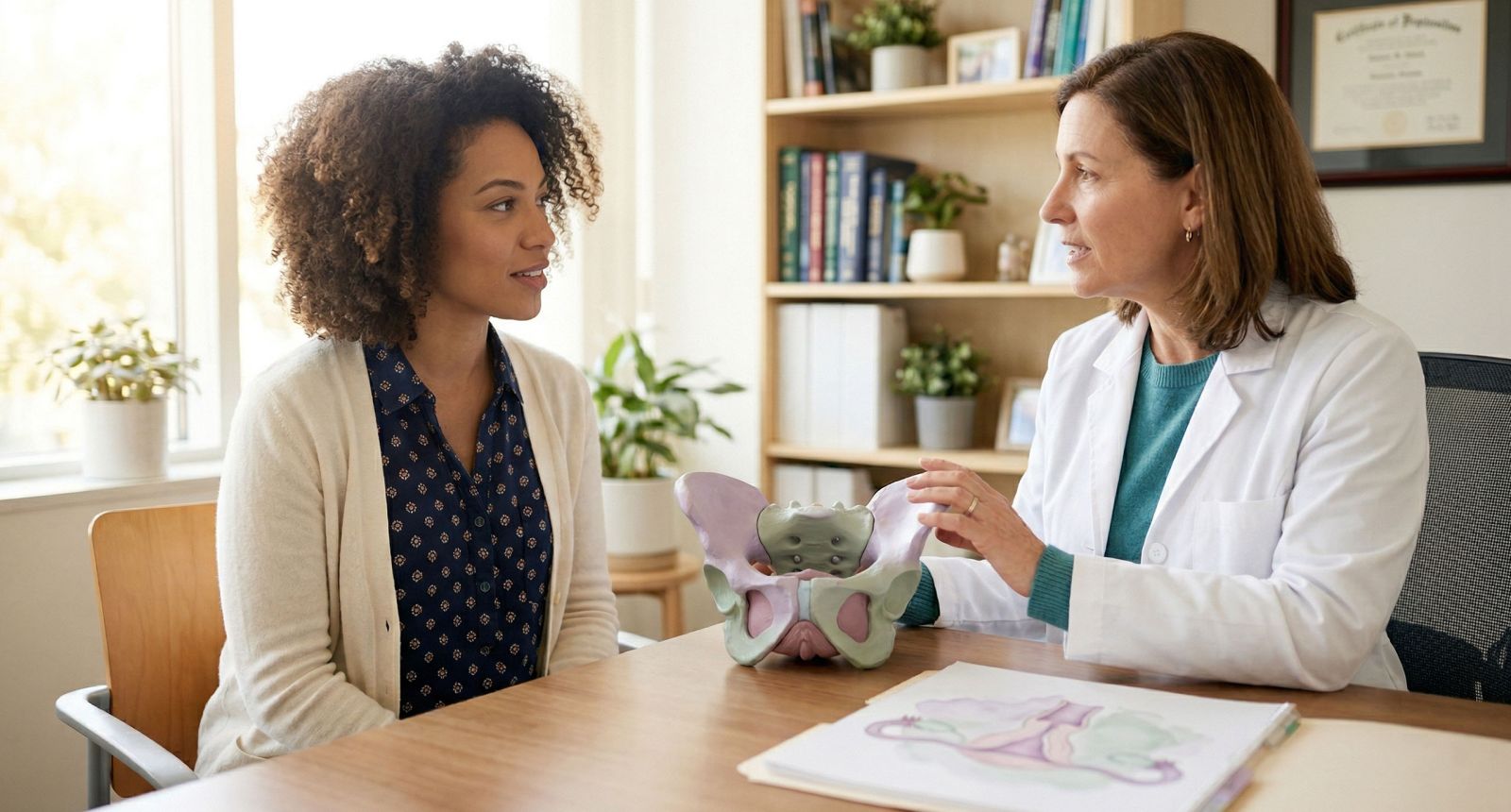 Diagrama anatômico ilustrado do clitóris com rótulos de medição clínica, renderizado em tons pastel suaves para um artigo sobre saúde feminina e clitoromegalia