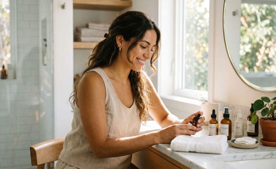 Mujer relajándose en un baño limpio y luminoso rodeada de productos suaves para el cuidado de la piel