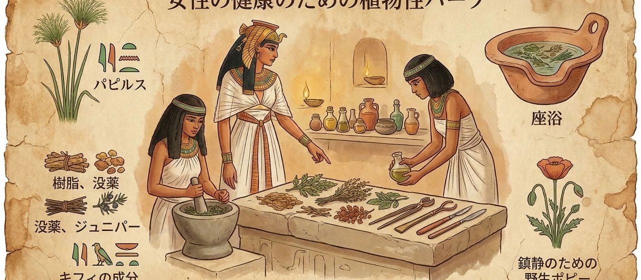 乾燥ハーブ、羊皮紙、そして土器は、歴史を通して女性の健康に用いられた古代の植物療法を表しています。