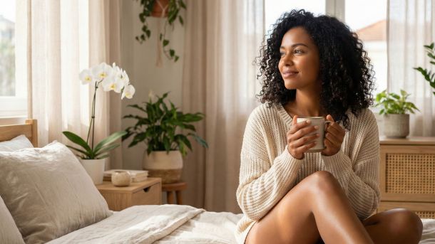 Uma mulher tranquila em um ambiente suavemente iluminado, representando receptividade feminina e harmonia biológica.