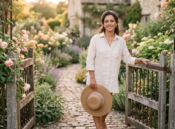 Mulher serena vestindo linho diante de um portão de jardim coberto de rosas sob a luz dourada durante um fim de semana sem telas para cultivar uma mentalidade positiva.
